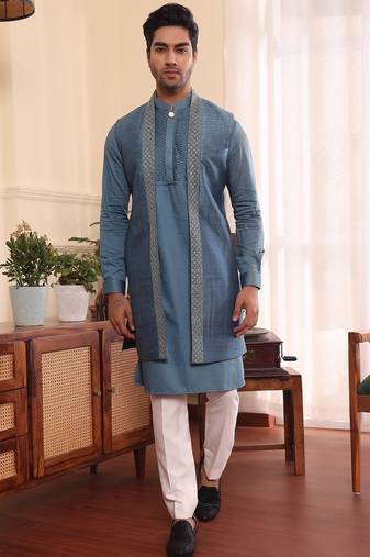 Blue cotton silk kurta jacket set