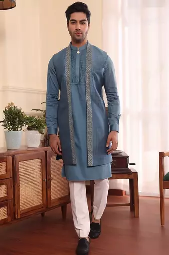 Blue cotton silk kurta jacket set