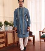 Blue cotton silk kurta jacket set