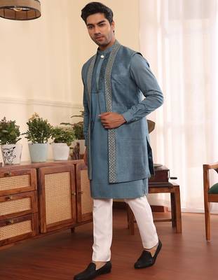 Blue cotton silk kurta jacket set 2