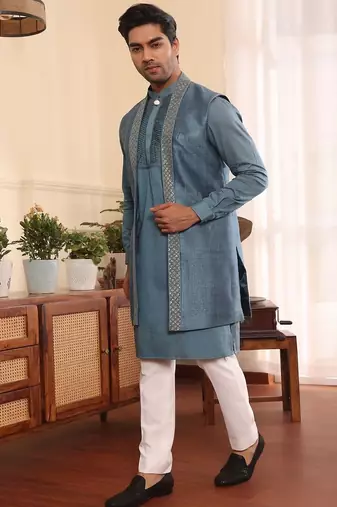 Blue cotton silk kurta jacket set