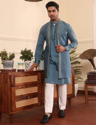 Blue cotton silk kurta jacket set 3