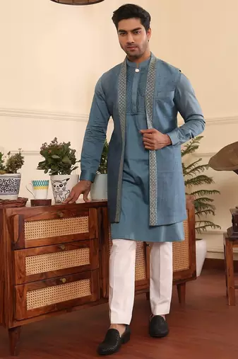 Blue cotton silk kurta jacket set
