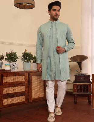 Green  cotton silk kurta jacket set 1