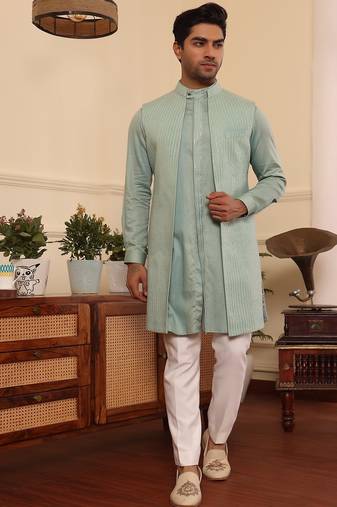 Green  cotton silk kurta jacket set