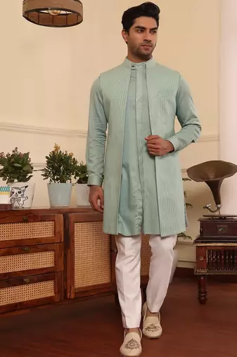 Green  cotton silk kurta jacket set