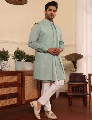 Green  cotton silk kurta jacket set 3