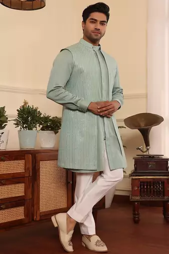 Green  cotton silk kurta jacket set