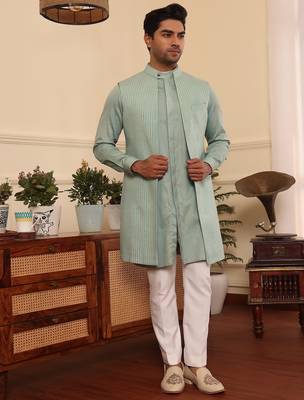 Green  cotton silk kurta jacket set 4