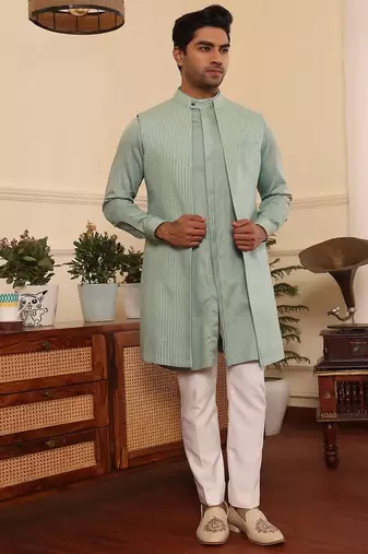 Green  cotton silk kurta jacket set