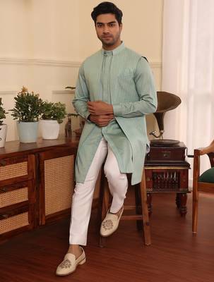 Green  cotton silk kurta jacket set 5