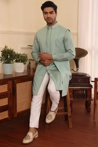 Green  cotton silk kurta jacket set