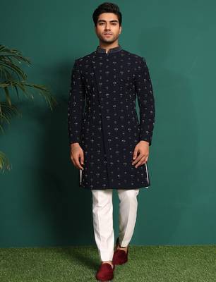 Blue rayon embroidered kurta jacket set 1
