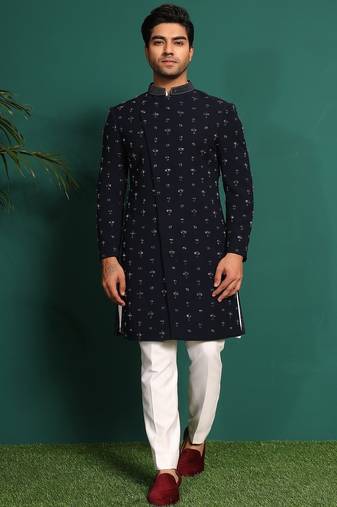 Blue rayon embroidered kurta jacket set