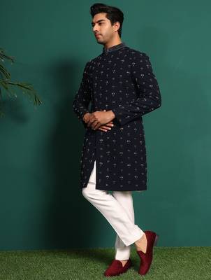 Blue rayon embroidered kurta jacket set 2
