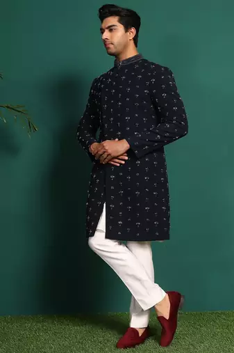 Blue rayon embroidered kurta jacket set
