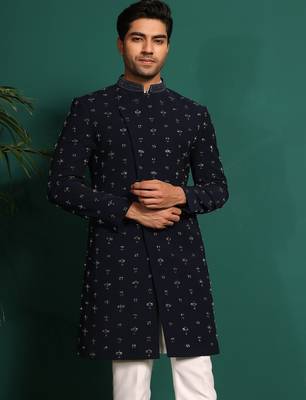 Blue rayon embroidered kurta jacket set 4