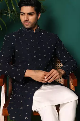 Blue rayon embroidered kurta jacket set
