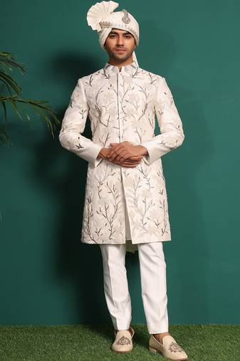 White silk embroidered sherwani