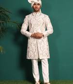 White silk embroidered sherwani