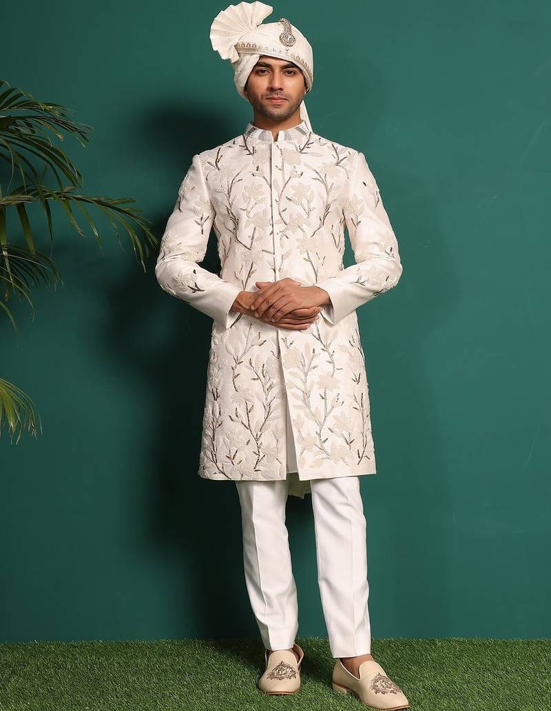 White silk embroidered sherwani