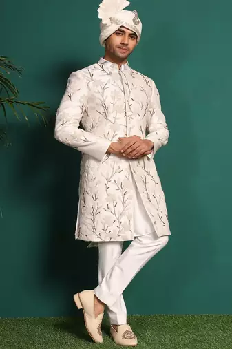 White silk embroidered sherwani