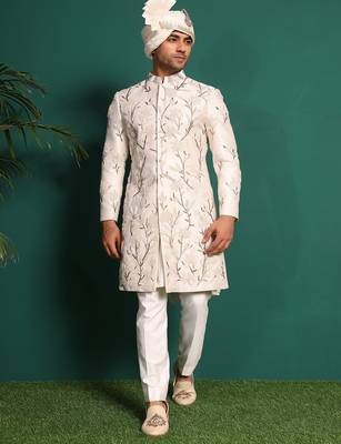 White silk embroidered sherwani 3