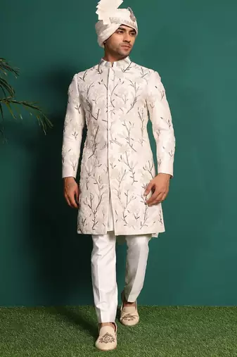 White silk embroidered sherwani