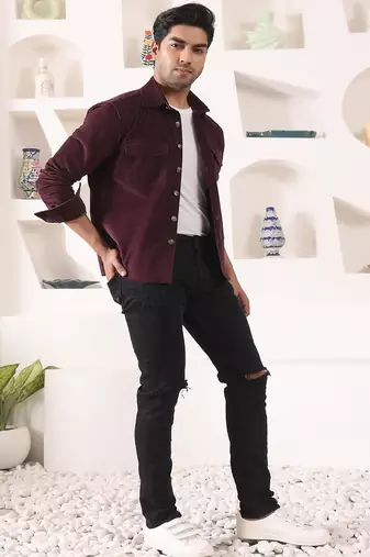 Wine cotton solid shacket
