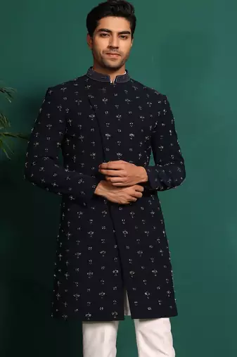 White silk embroidered sherwani