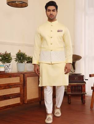 Yellow cotton nehru jacket set 1