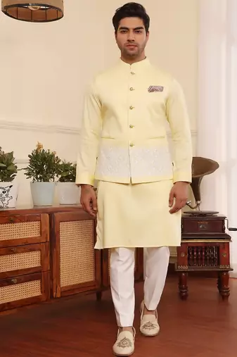 Yellow cotton nehru jacket set