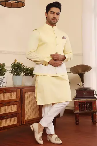 Yellow cotton nehru jacket set