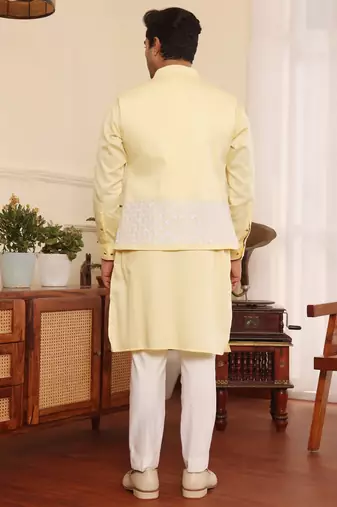Yellow cotton nehru jacket set