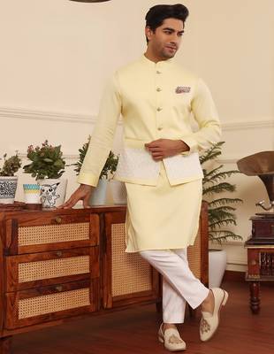 Yellow cotton nehru jacket set 5