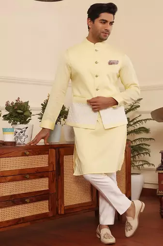 Yellow cotton nehru jacket set
