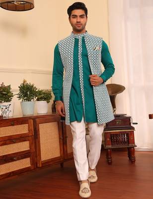 Turquoise  cotton silk embroidered kurta jacket set 1