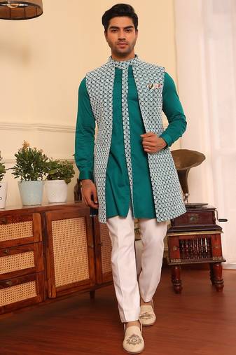 Turquoise  cotton silk embroidered kurta jacket set