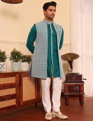 Turquoise  cotton silk embroidered kurta jacket set 2