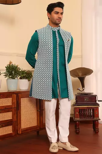 Turquoise  cotton silk embroidered kurta jacket set