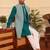 Turquoise  cotton silk embroidered kurta jacket set