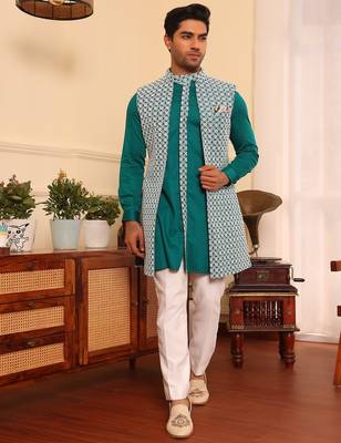 Turquoise  cotton silk embroidered kurta jacket set 4