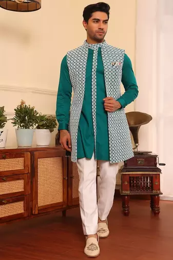 Turquoise  cotton silk embroidered kurta jacket set