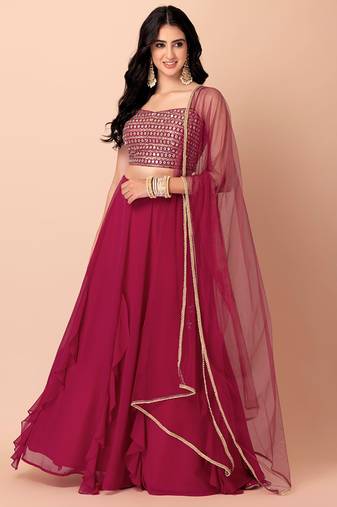 Pink Embroidery, Sequins & Zari Work Georgette Lehenga with Blouse -Semi Stitched (Size upto 42")