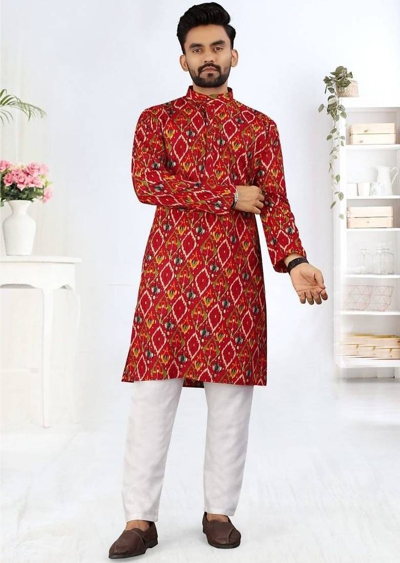 Red heavy rayon printed kurta