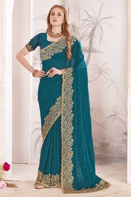 Teal blue sequin embroidered work fendy two tone silk saree sari 1