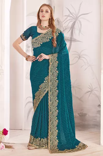 Teal blue sequin embroidered work fendy two tone silk saree sari