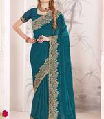 Teal blue sequin embroidered work fendy two tone silk saree sari