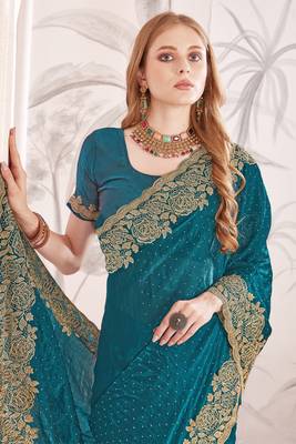 Teal blue sequin embroidered work fendy two tone silk saree sari 2