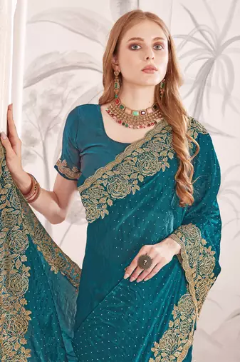 Teal blue sequin embroidered work fendy two tone silk saree sari